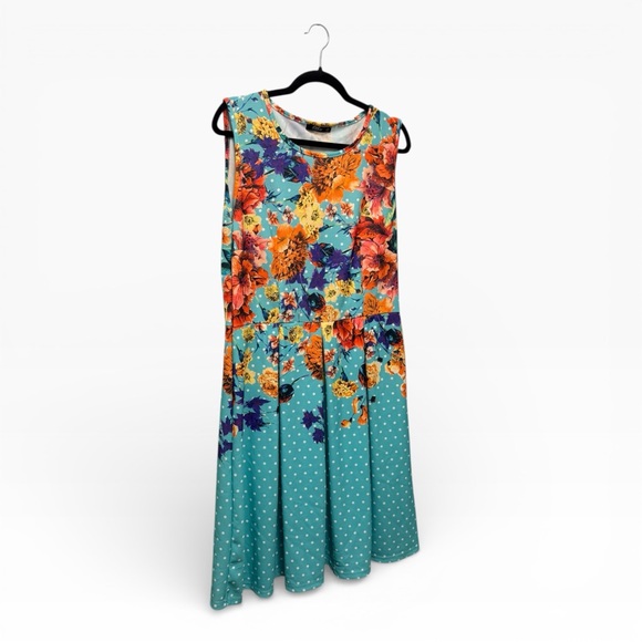 Floral Teal Sleeveless Midi Dress - Picture 3 of 8